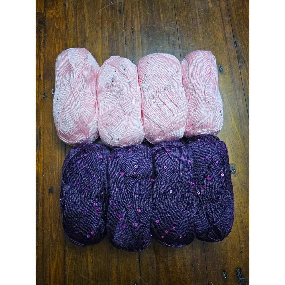 8 Skeins Sequin Yarn Lot Pink and Purple Shimmer Knitting Crochet Crafting